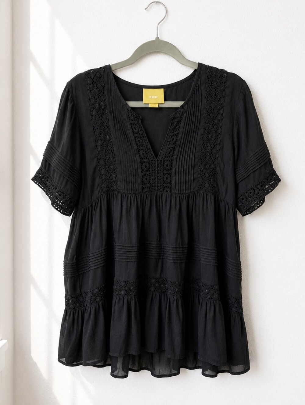 Maeve by Anthropologie Tiered Crochet Lace Black Babydoll Tunic – Women's Medium